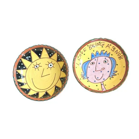 Hand-Painted Ceramic Bowl By Pritchett & Shelby Animalia 2002 Sun & Face Signed - Picture 6 of 6